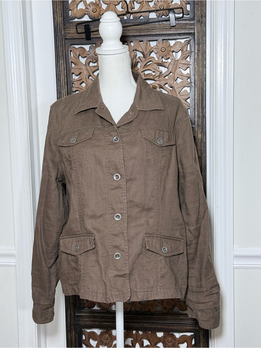 Eddie Bauer 100% Linen Utility Jacket Brown Button Front 4 Pocket Womens XL